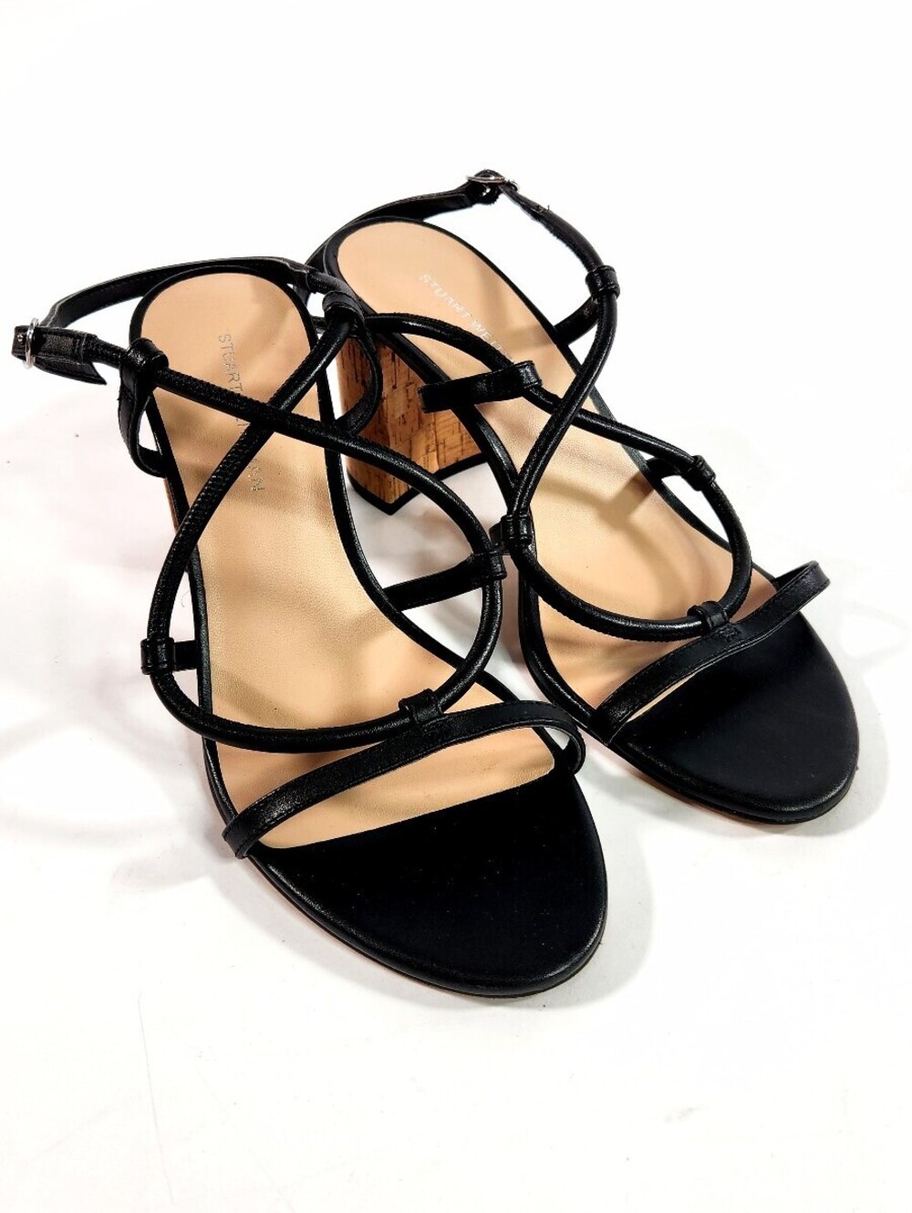 Stuart Weitzman Black Strappy Cork Block Heel Sandals 7.5